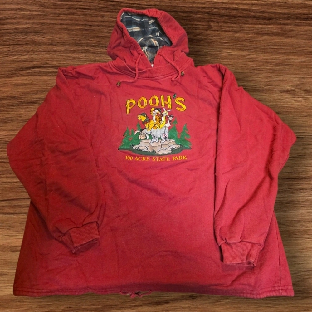 Vtg 90s Disney"Pooh's 100 Acre State Park" Embroidered Red Hoodie Embroidered